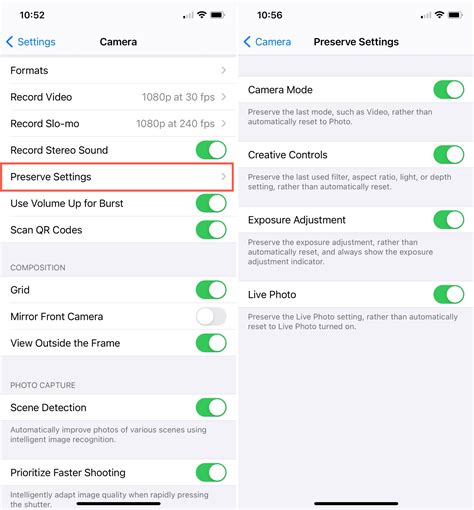 what are the factory settings for iphone camera